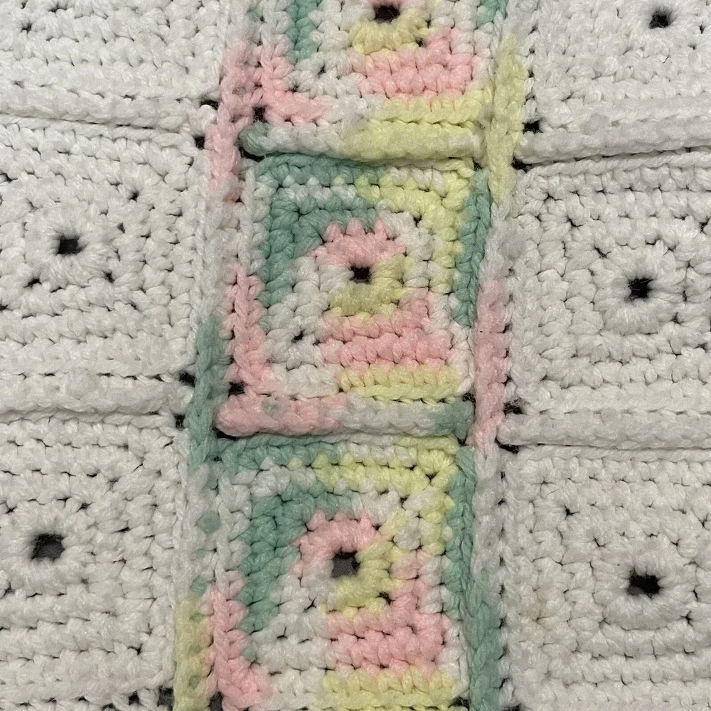 Granny Square Pastel Baby Blanket Crochet Afghan Throw Handmade Spell Out 